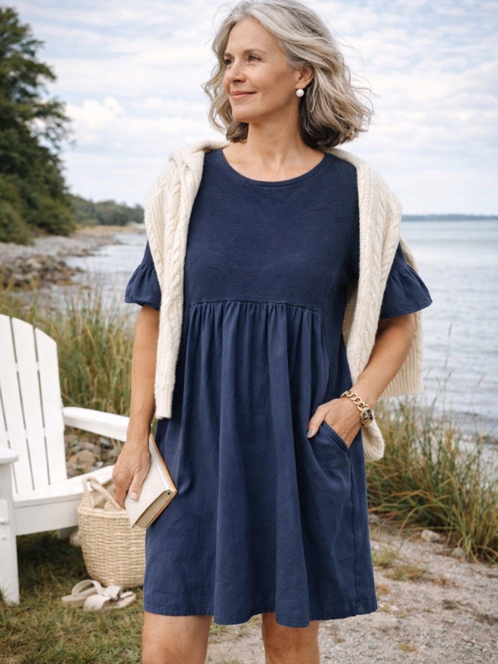 Anthropologie Navy Mixed Med Babydoll Mini Dress Ruffle Sleeve Textured Knit - Picture 1 of 8